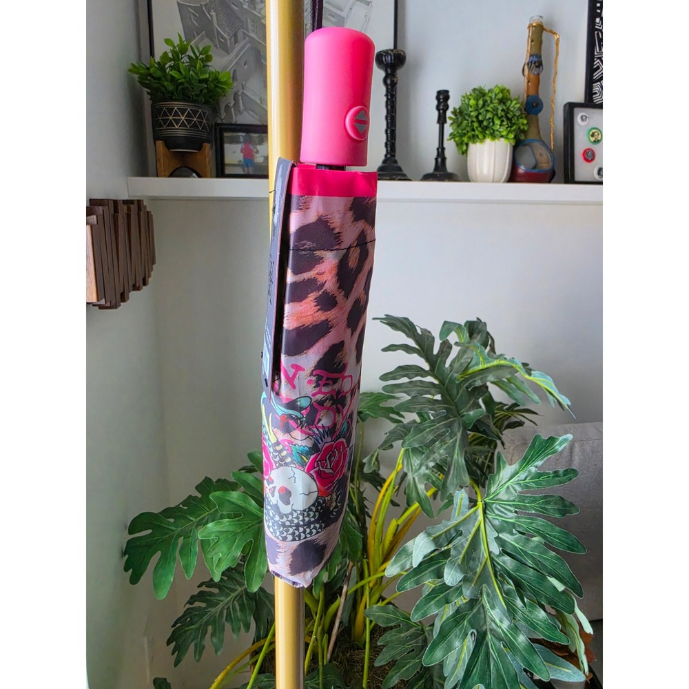 Ed Hardy Leopard Print Skull Rose Tattoo Auto Open Close Compact Umbrella Pink